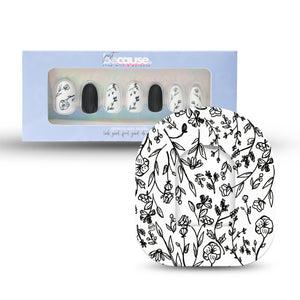 Just BeCause 24 Pcs ABS Press on nails Medium,Black & white floral Fake Nails set with matching Black & white floral Omnipod Overlay Adhesive Tape and Center Sticker, Support T1D - ExpressionMed.com	