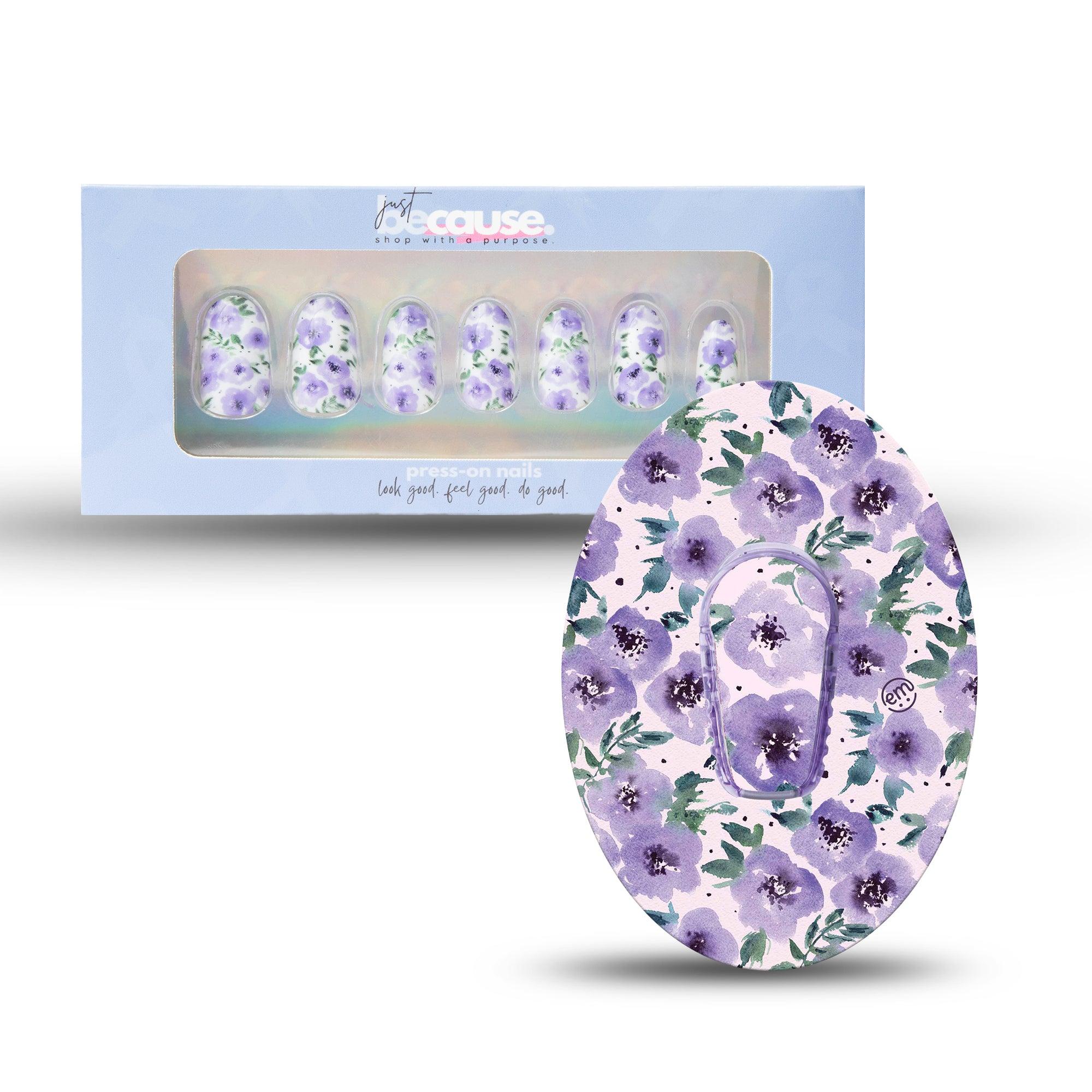 ExpressionMed Just BeCause 24 Pcs ABS Press on nails Medium, light purple floral Fake Nails set with matching Flowering Amethyst Dexcom G6 Overlay Patch and Center Sticker, Support T1D - ExpressionMed.com	