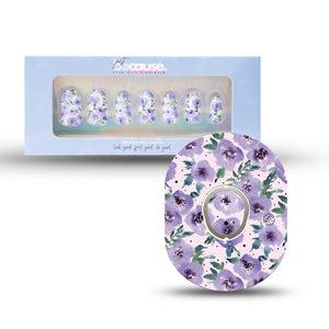 ExpressionMed Just BeCause 24 Pcs ABS Press on nails Medium, Purple floral Fake Nails set with matching Flowering Amethyst Dexcom G7 Fixing Ring and Center Sticker, Support T1D - ExpressionMed.com	