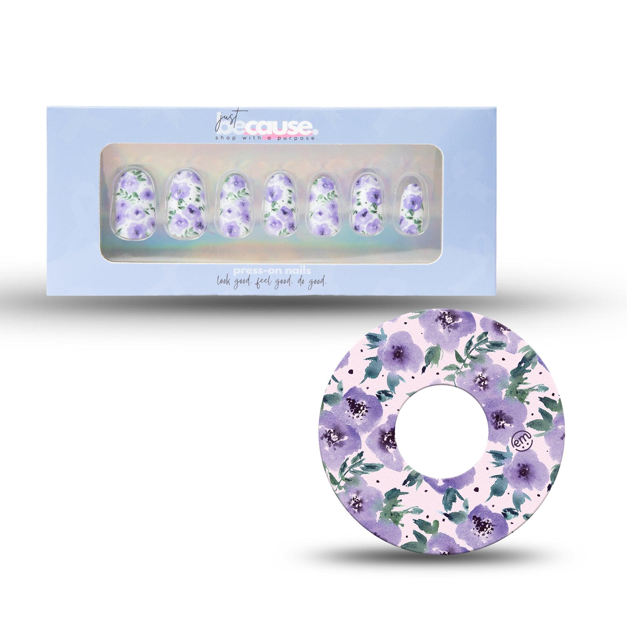 ExpressionMed Just BeCause 24 Pcs ABS Press on nails Medium, Purple floral Fake Nails set with matching Flowering Amethyst Infusion Set Fixing Ring, Support T1D - ExpressionMed.com	