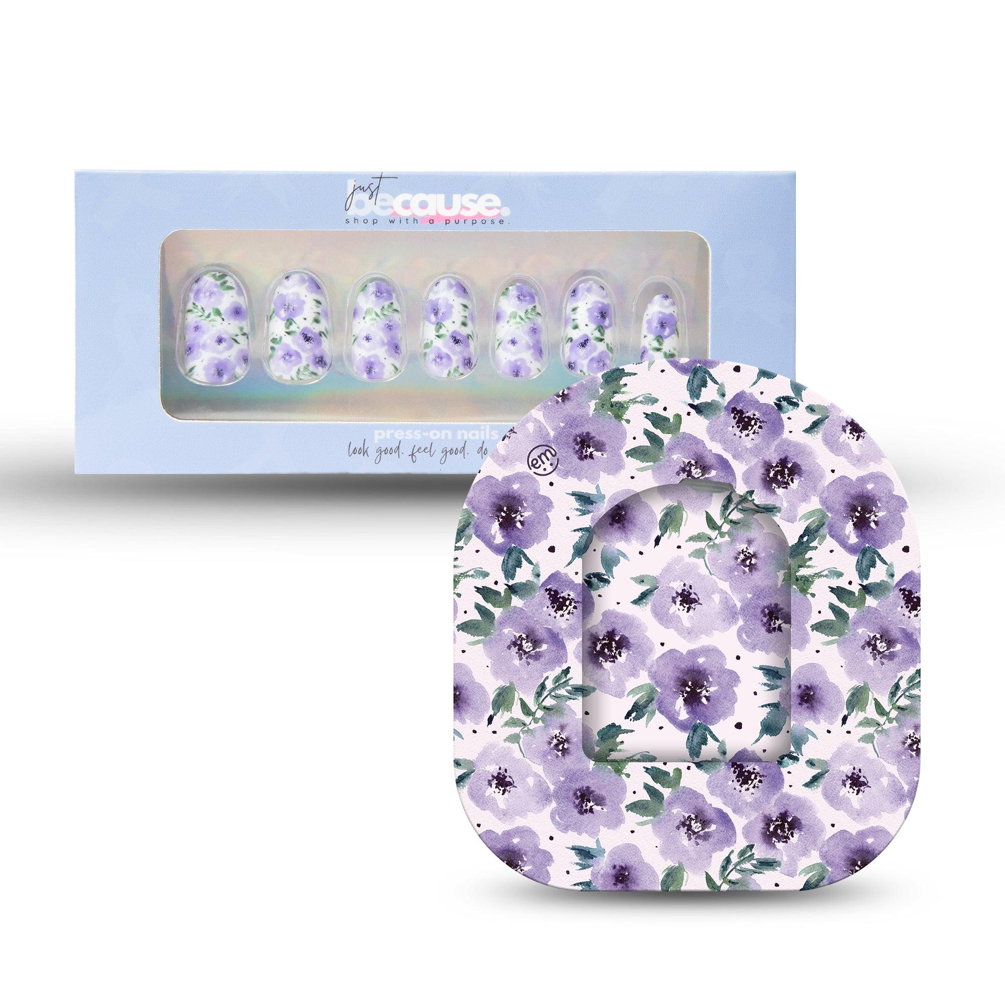 ExpressionMed Just BeCause 24 Pcs ABS Press on nails Medium, purple flowers Fake Nails set with matching Flowering Amethyst Omnipod Overlay Adhesive Tape and Center Sticker, Support T1D - ExpressionMed.com	