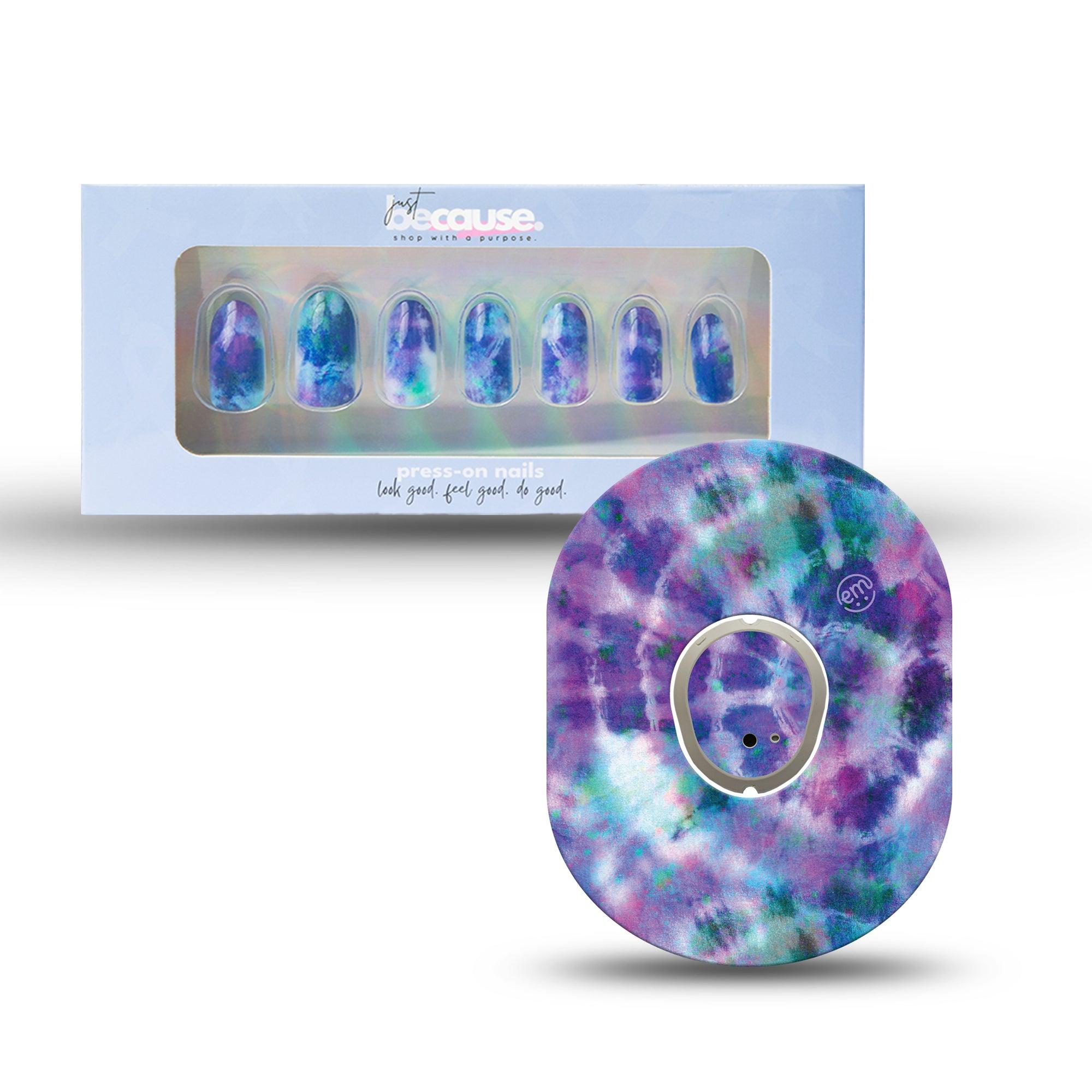 ExpressionMed Just BeCause 24 Pcs ABS Press on nails Medium, Purple and Blue Tie Dye Fake Nails set with matching Purple Tie Dye Dexcom G7 Fixing Ring and Center Sticker,Support T1D - ExpressionMed.com	