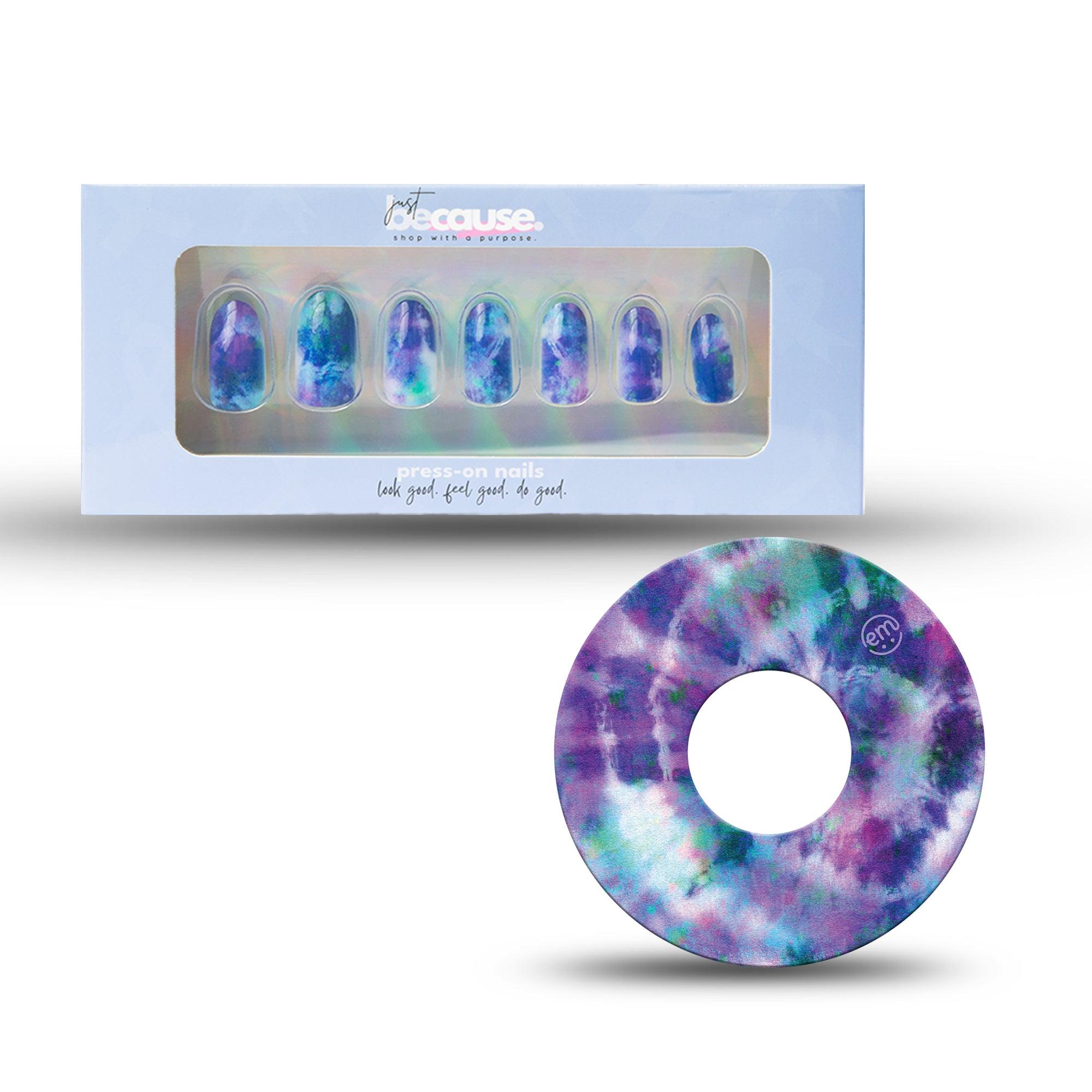 ExpressionMed Just BeCause 24 Pcs ABS Press on nails Medium, Purple and Blue Tie Dye Fake Nails set with matching Purple Tie Dye Omnipod Overlay Adhesive Tape and Center Sticker, Support T1D - ExpressionMed.com	