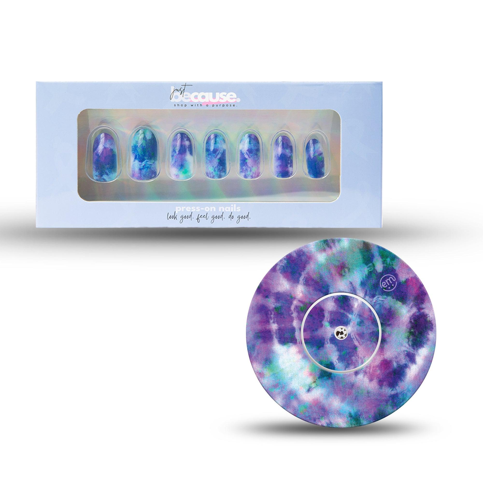 ExpressionMed Just BeCause 24 Pcs ABS Press on nails Medium, Purple and Blue Tie Dye Fake Nails set with matching Purple Tie Dye Libre 2 Adhesive Tape and Center Sticker, Support T1D - ExpressionMed.com	