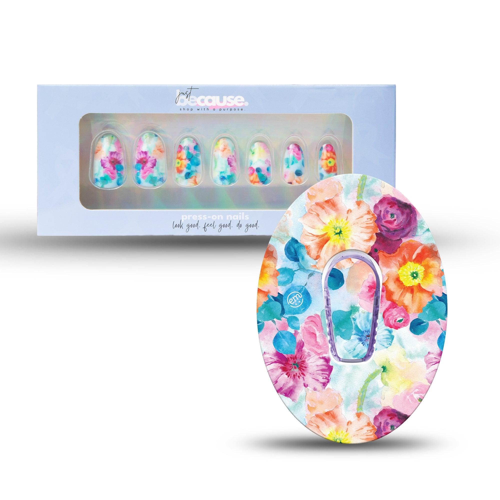 Just BeCause 24 Pcs ABS Press on nails Medium, watercolor pastel flowers design Fake Nails set with matching Watercolor Poppies Dexcom G6 Overlay Patch and Center Sticker, Support T1D - ExpressionMed.com	