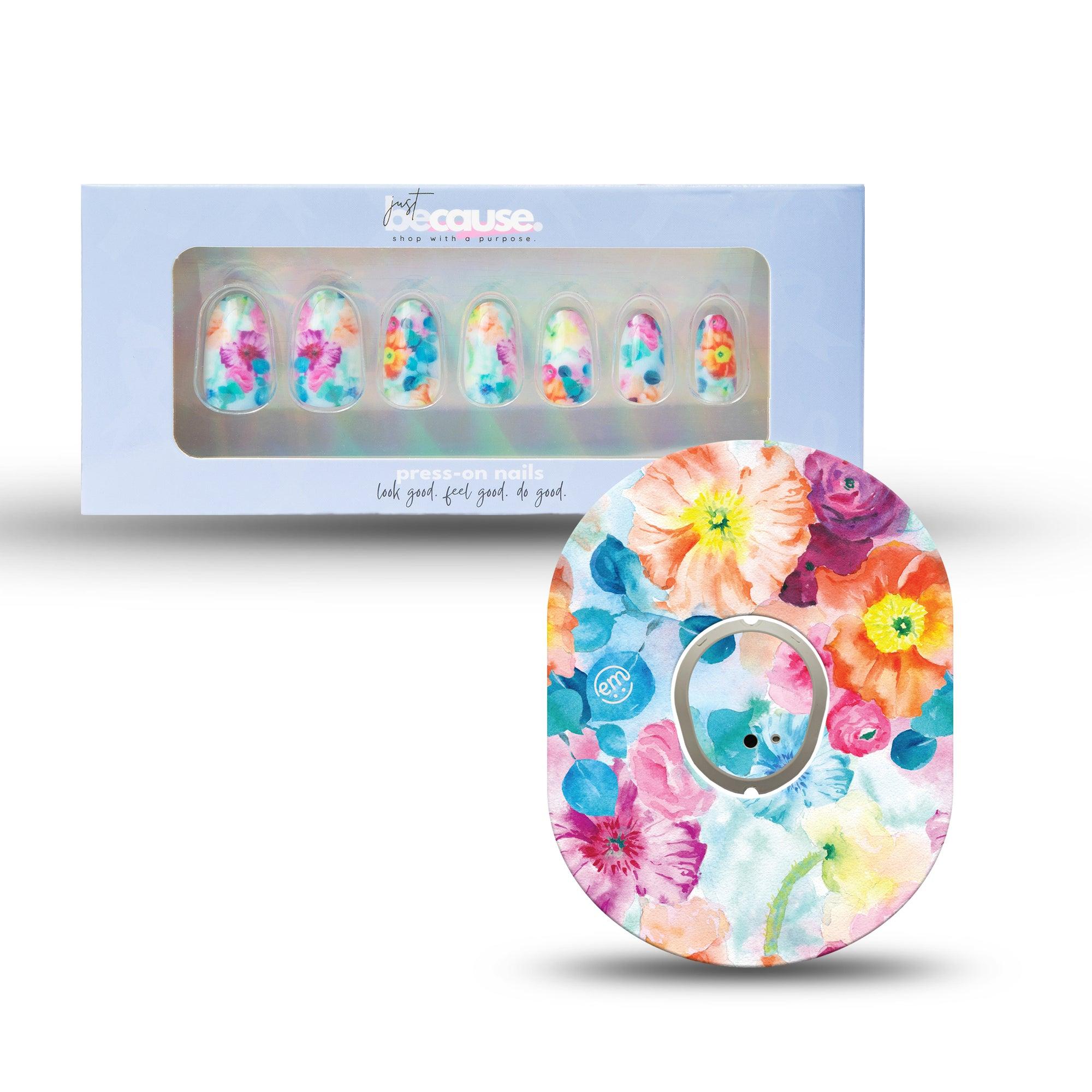 Just BeCause 24 Pcs ABS Press on nails Medium, blue and orange poppies Fake Nails set with matching Watercolor Poppies Dexcom G7 Fixing Ring and Center Sticker, Support T1D - ExpressionMed.com	