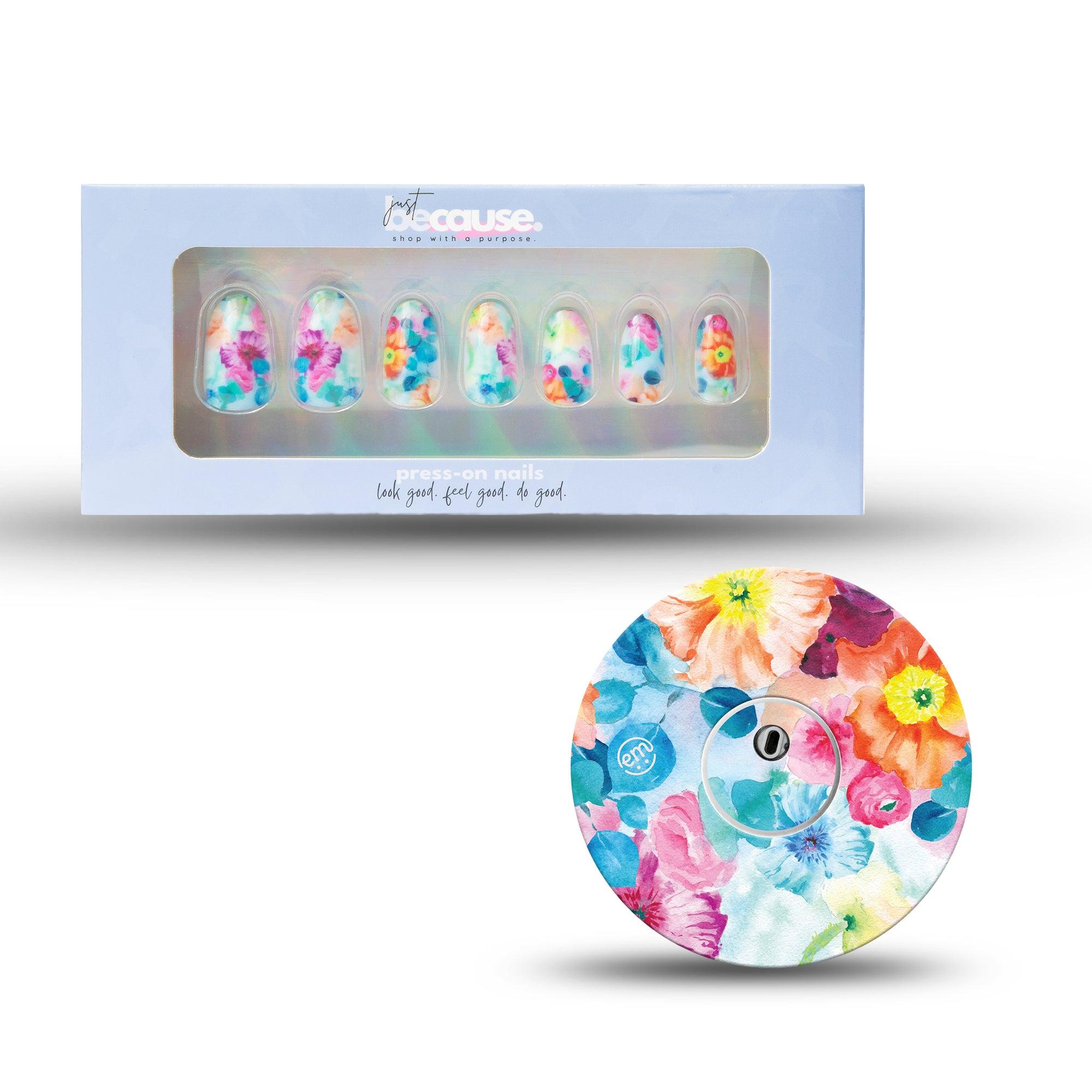 Just BeCause 24 Pcs ABS Press on nails Medium, blue and pink floral Fake Nails set with matching Watercolor Poppies Libre 3 Overlay Patch and Center Sticker, Support T1D - ExpressionMed.com	
