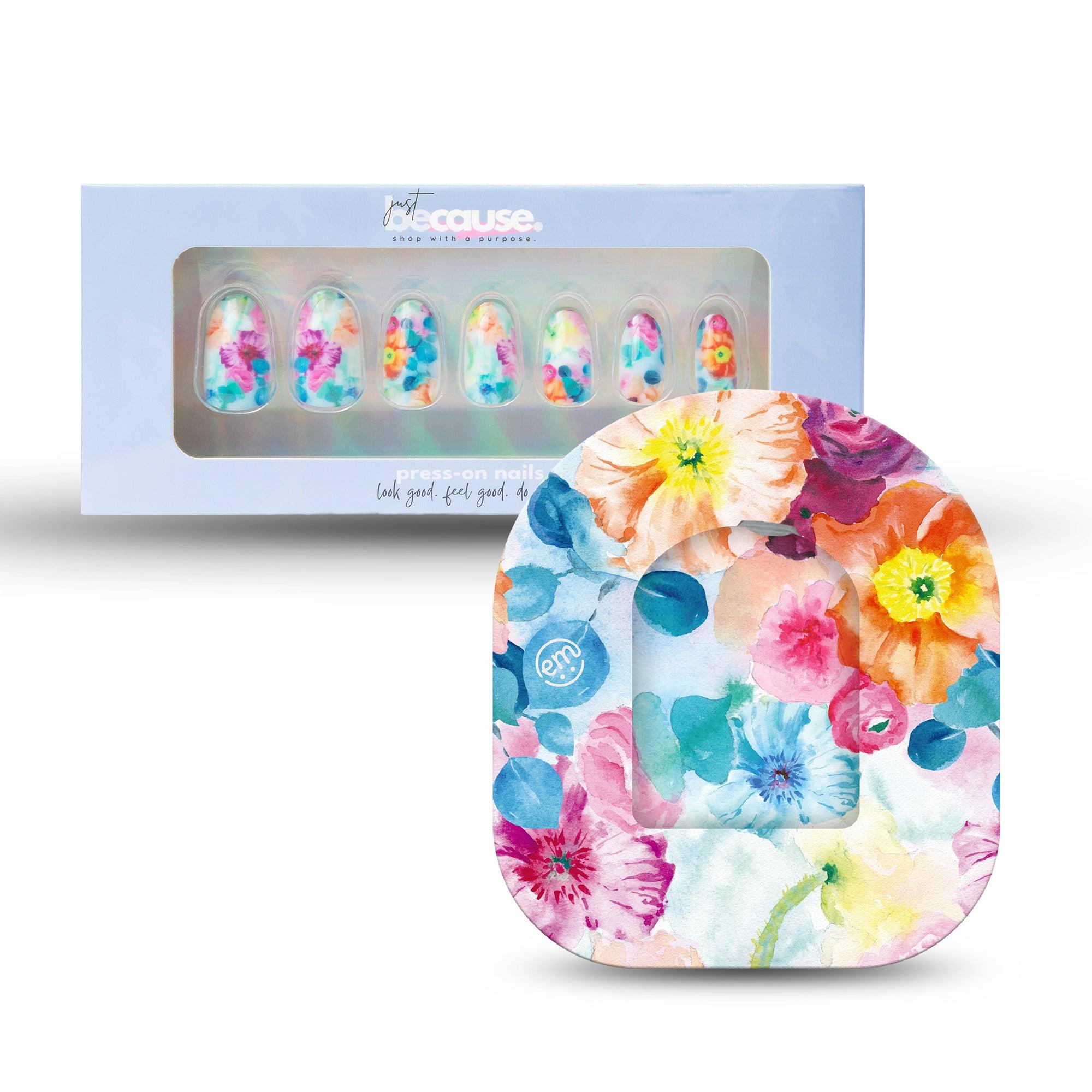 Just BeCause 24 Pcs ABS Press on nails Medium, watercolor floral art Fake Nails set with matching Watercolor Poppies Omnipod Overlay Adhesive Tape and Center Sticker, Support T1D - ExpressionMed.com	