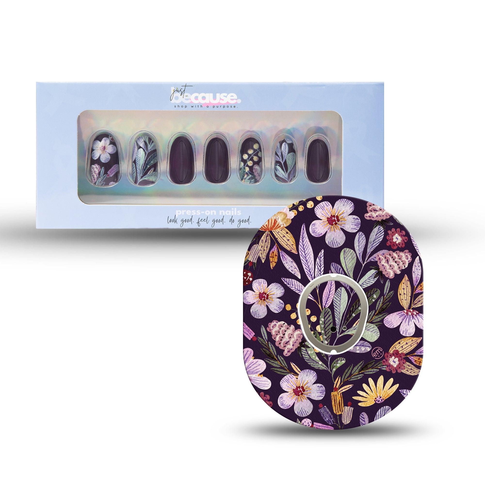 ExpressionMed Just BeCause 24 Pcs ABS Press on nails Medium, park purple and yellow flowers Fake Nails set with matching Moody Blooms Dexcom G7 Fixing Ring and Center Sticker, Support T1D - ExpressionMed.com	
