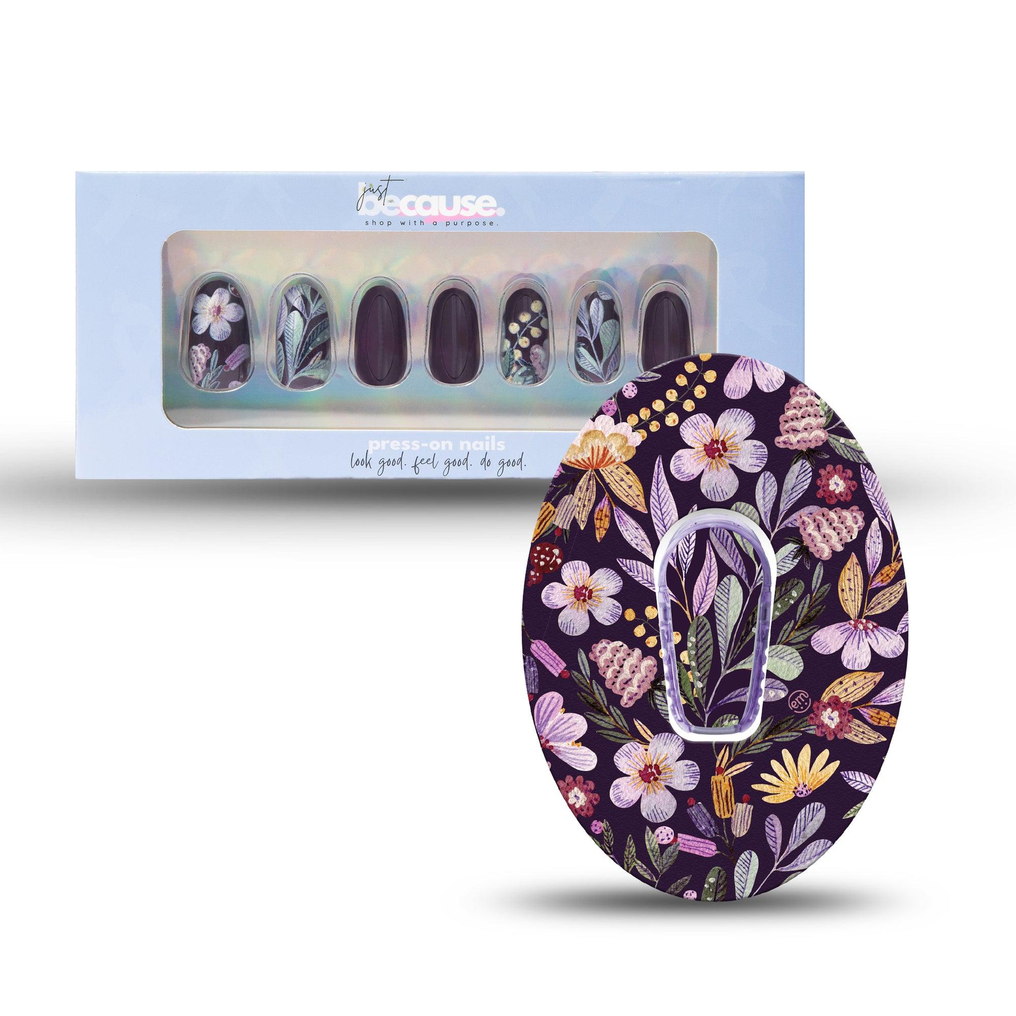 ExpressionMed Just BeCause 24 Pcs ABS Press on nails Medium, Moody Blooms Fake Nails set with matching dark purple floral Dexcom G6 Overlay Patch and Center Sticker, Support T1D - ExpressionMed.com	