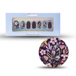 ExpressionMed Just BeCause 24 Pcs ABS Press on nails Medium, dark purple and yellow flowers Fake Nails set with matching Moody Blooms Libre 2 Adhesive Tape and Center Sticker, Support T1D - ExpressionMed.com	