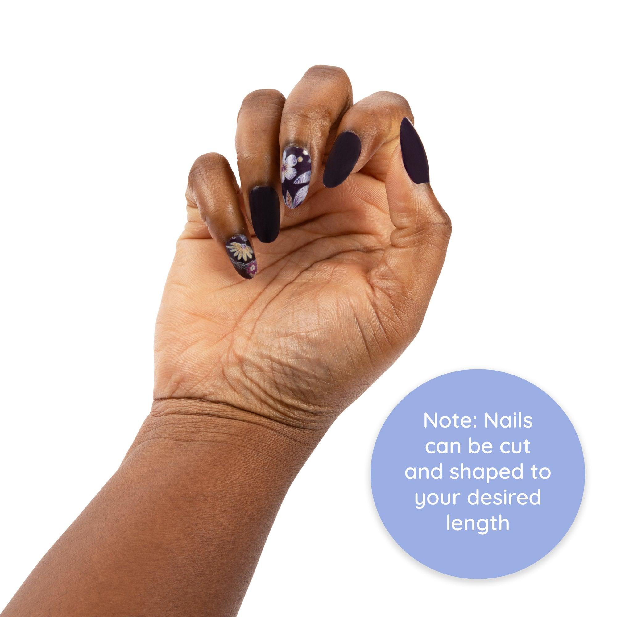 ExpressionMed Just BeCause press on fake nail set in dark purple floral design, Nails can be cut and shaped to your desired length	