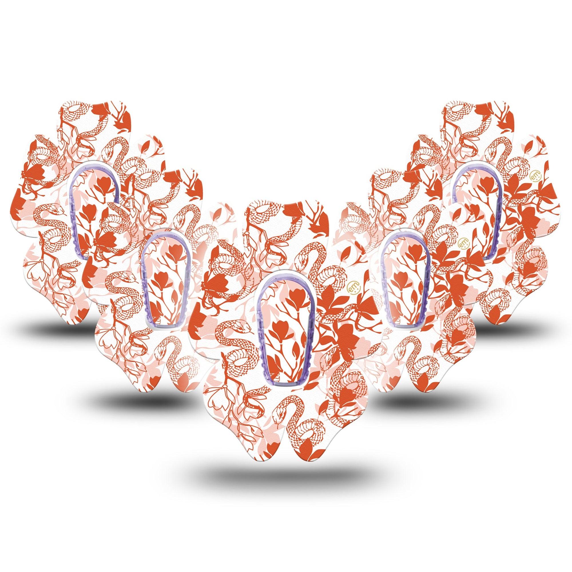 ExpressionMed Lava Coil Floral Dexcom G6 Flower Shape Tape 5-Pack Tape and 5-Pack Sticker Cute Sunset Orange Snake Pattern, Adhesive Patch Continuous Glucose Monitor Design
