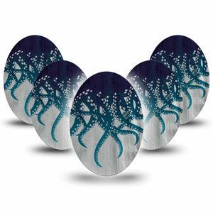 ExpressionMed Tentacles Medtronic Guardian Enlite Universal Oval, 5-Pack Tape Ocean Blue Tentacle, Plaster CGM Design