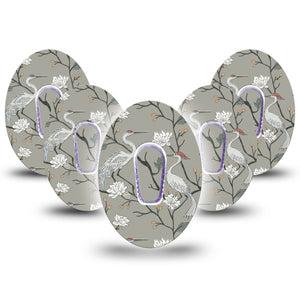 ExpressionMed Cranes Dexcom G6, 5-Pack Tape and 5-Pack Sticker Cool tone cranes Decorative Decal for CGM