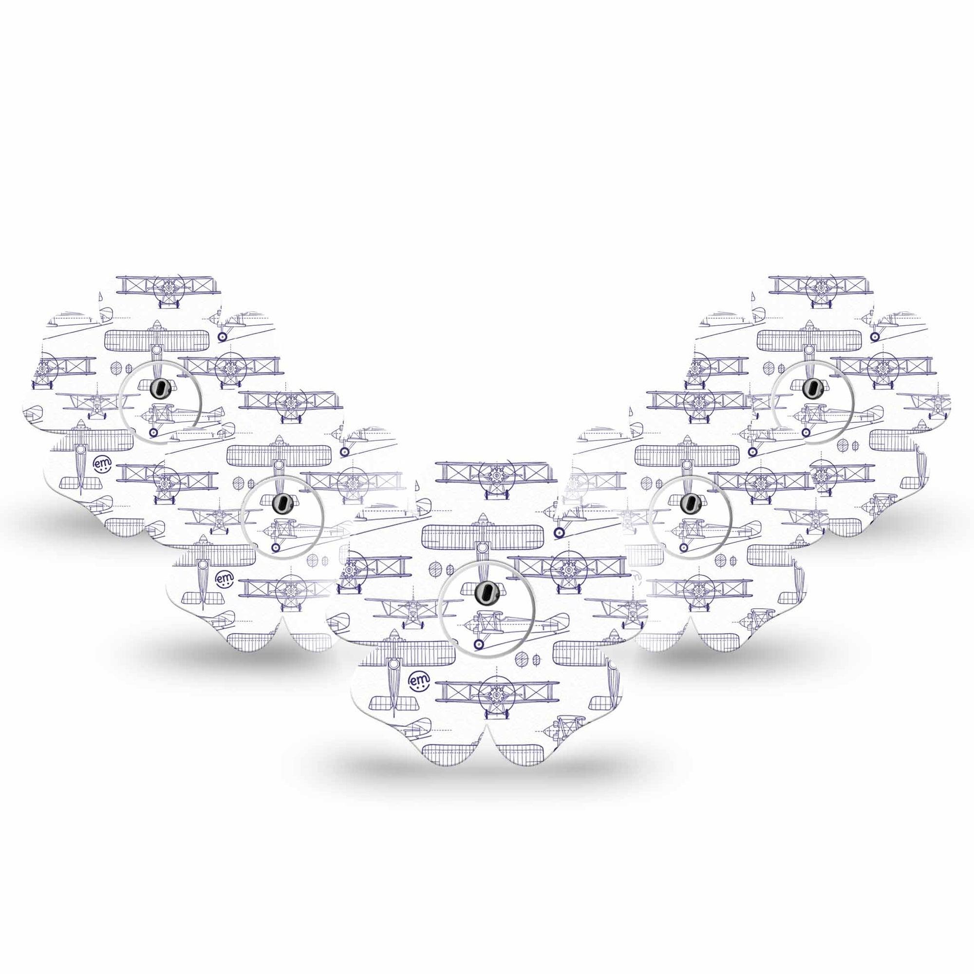 ExpressionMed Airplane Freestyle Libre 3 and Libre 3 Plus Flower Shape Tape 5-Pack Tape and 5-Pack Sticker Small Aircraft Outlines, Plaster CGM Design