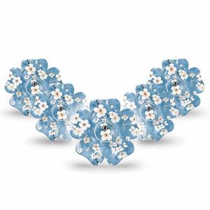 ExpressionMed Cherry Blossom Freestyle Libre 3 and Libre 3 Plus Flower Shape Tape 5-Pack Tape and 5-Pack Sticker Sky Blue White Flowers, Overlay Tape CGM Design