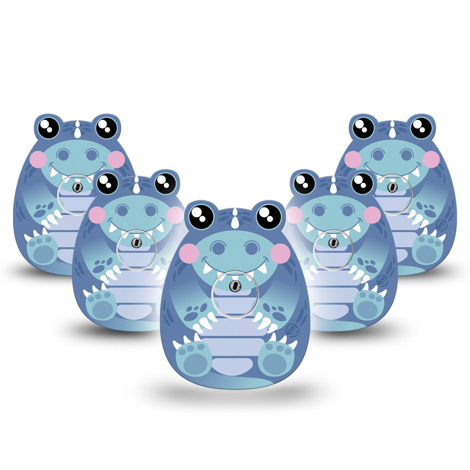 ExpressionMed Blue Dinosaur Freestyle Libre 3 Gumdrop Shape Tape 5-Pack Tape and 5-Pack Sticker Pillow Soft Animal Inspired Overlay Patch CGM Design