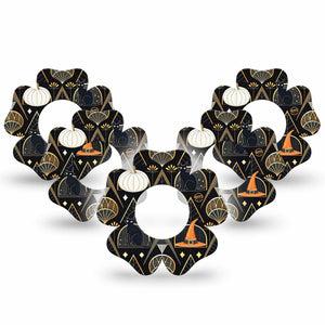 ExpressionMed Art Deco Halloween Freestyle Libre 2 and Libre 2 Plus Flower Shape Tape, Abbott Lingo,  5-Pack Tape Vintage Luxurious Inspired Halloween, Fixing Ring Tape CGM Design