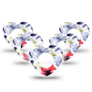 ExpressionMed Red White & Blue Flowers Freestyle Libre 2 Heart Shape Tape, Abbott Lingo,  5-Pack Independence Day Adhesive Patch CGM Design