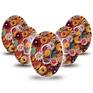 ExpressionMed 3D Floral Dexcom G6 Tape 5-Pack Tape and 5-Pack Sticker Autumn Flowers And Leaf Paper Art, Plaster CGM Design