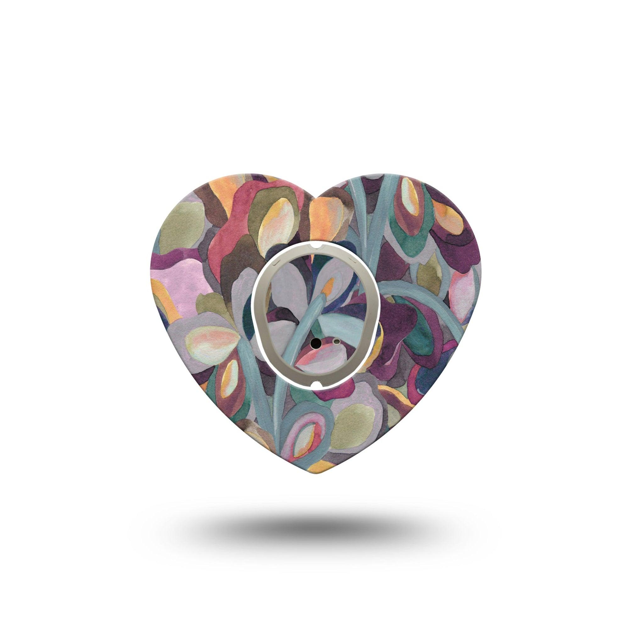 ExpressionMed Abstract Leaves Freestyle Libre 2 Heart Shape Tape, Abbott Lingo,  Single Tape and Single Sticker Gray Purple Toned Garden Painting Adhesive Patch CGM Design