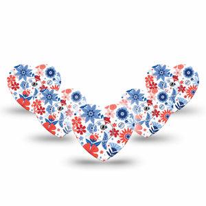 ExpressionMed July Flowers Freestyle Libre 3 Heart Shape Tape 5-Pack Tape and 5-Pack Sticker 4th of July Florals Patch CGM Design