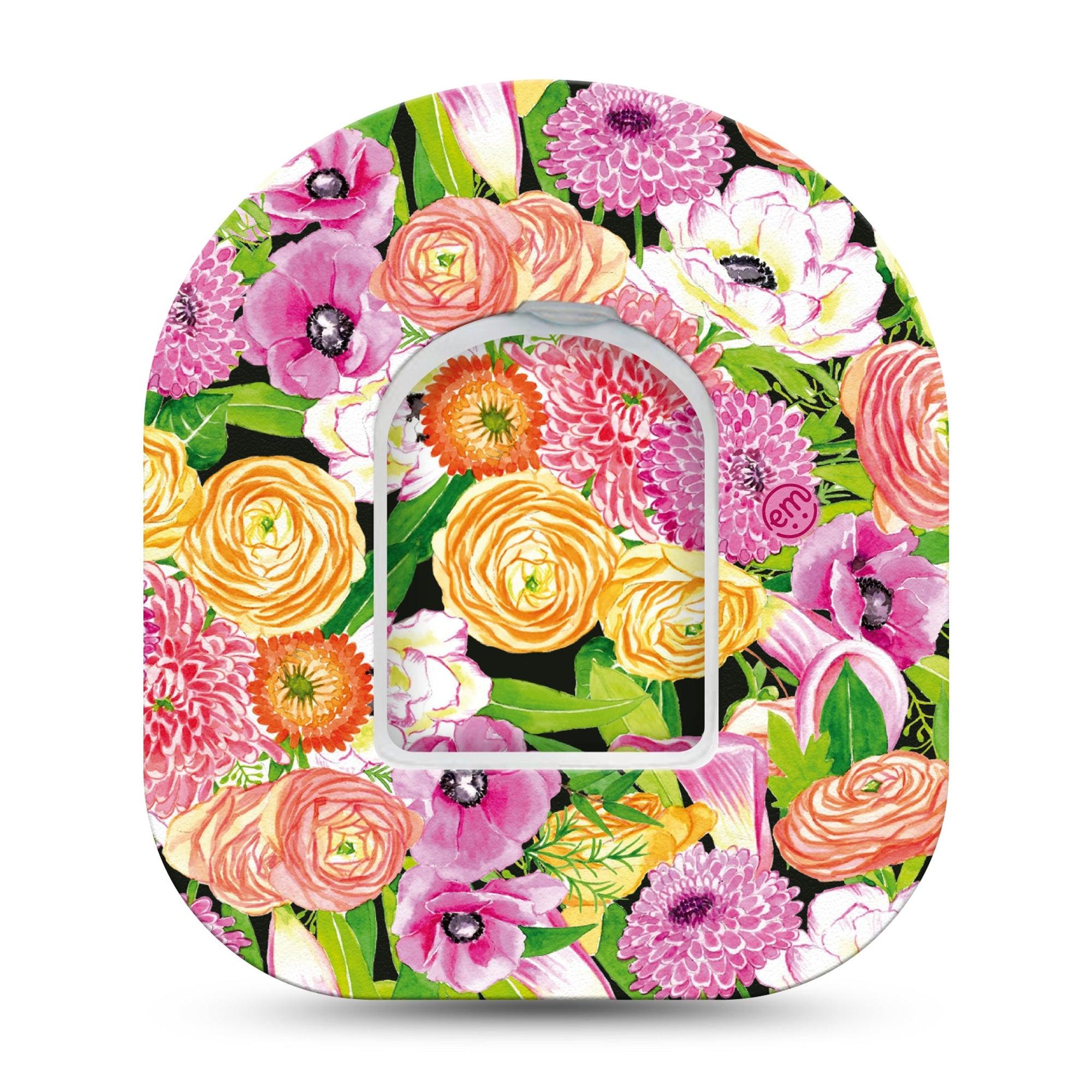 ExpressionMed Hand Painted Flowers Omnipod Tape Single Tape and Single Sticker Hand Drawn Flowers Adhesive Patch Pump Design