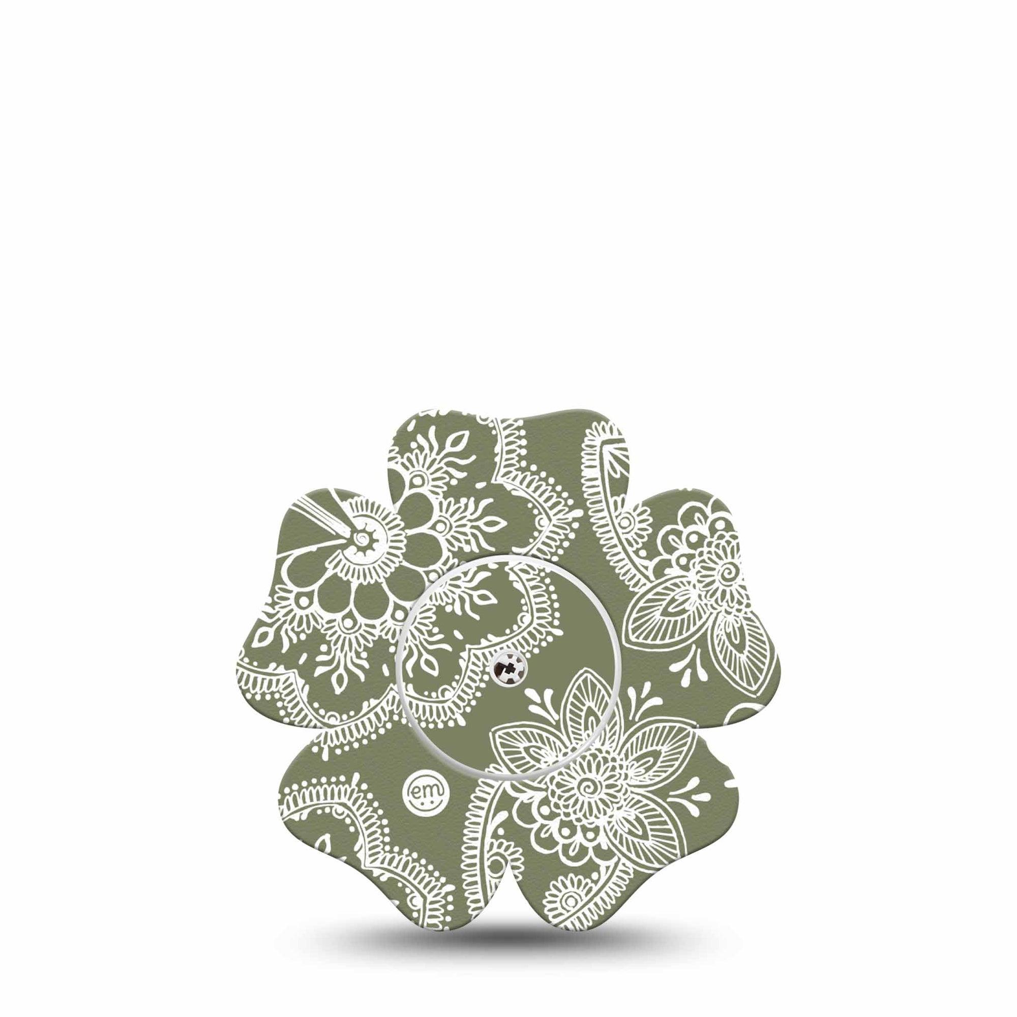 ExpressionMed Olive Henna Freestyle Libre 2 and Libre 2 Plus Flower Shape Tape, Abbott Lingo,  Single Tape and Single Sticker Botanical Hue, Fixing Ring Tape CGM Design