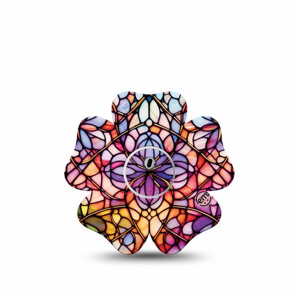 ExpressionMed Stained Glass Freestyle Libre 3 and Libre 3 Plus Flower Shape Tape Single Tape and Single Sticker Colorful Warm Floral Glass Inspired, Overlay Tape CGM Design