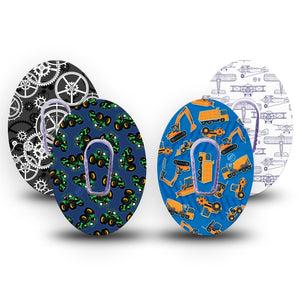 ExpressionMed Mighty Machines Variety Pack Dexcom G6 Tape, 4-Pack Tape and 4-Pack Stickers Variety Toy Trucks and Planes, Plaster Continuous Glucose Monitor Design