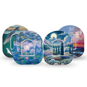 ExpressionMed Spirited Away Variety Pack Omnipod Tape 4-Pack Tape and 4-Pack Sticker Dreamy Skies and Sea, Ethereal Escape, Artwork Clouds Mystical Inspired, Heavenly Sea and Skies, Magical Dream World Inspired Adhesive Patch Pump Design