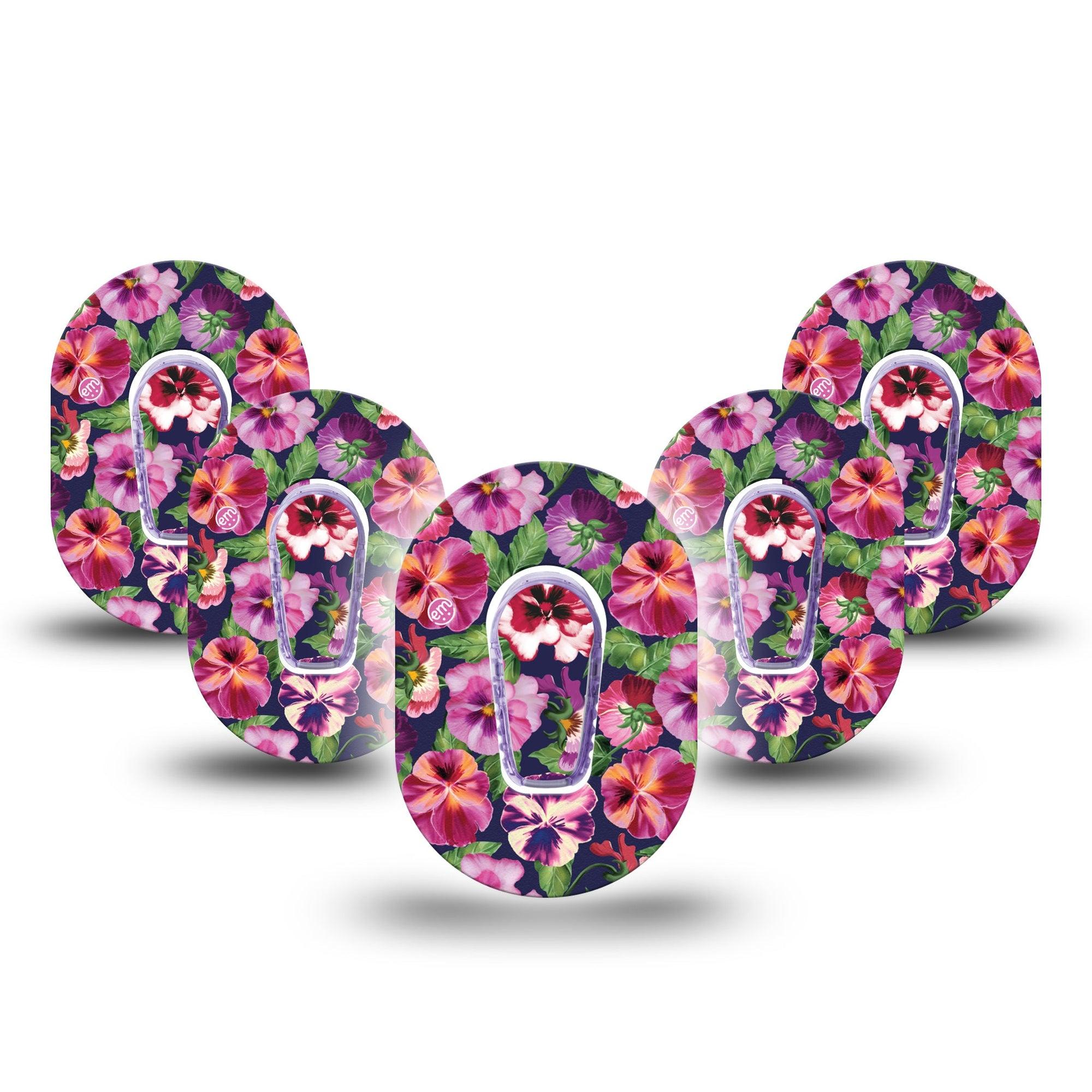 ExpressionMed Flower Girl Pansies Dexcom G6 Mini Tape 5-Pack Tape and 5-Pack Sticker Hot Pink and Violet Pansies, Adhesive Tape CGM Design