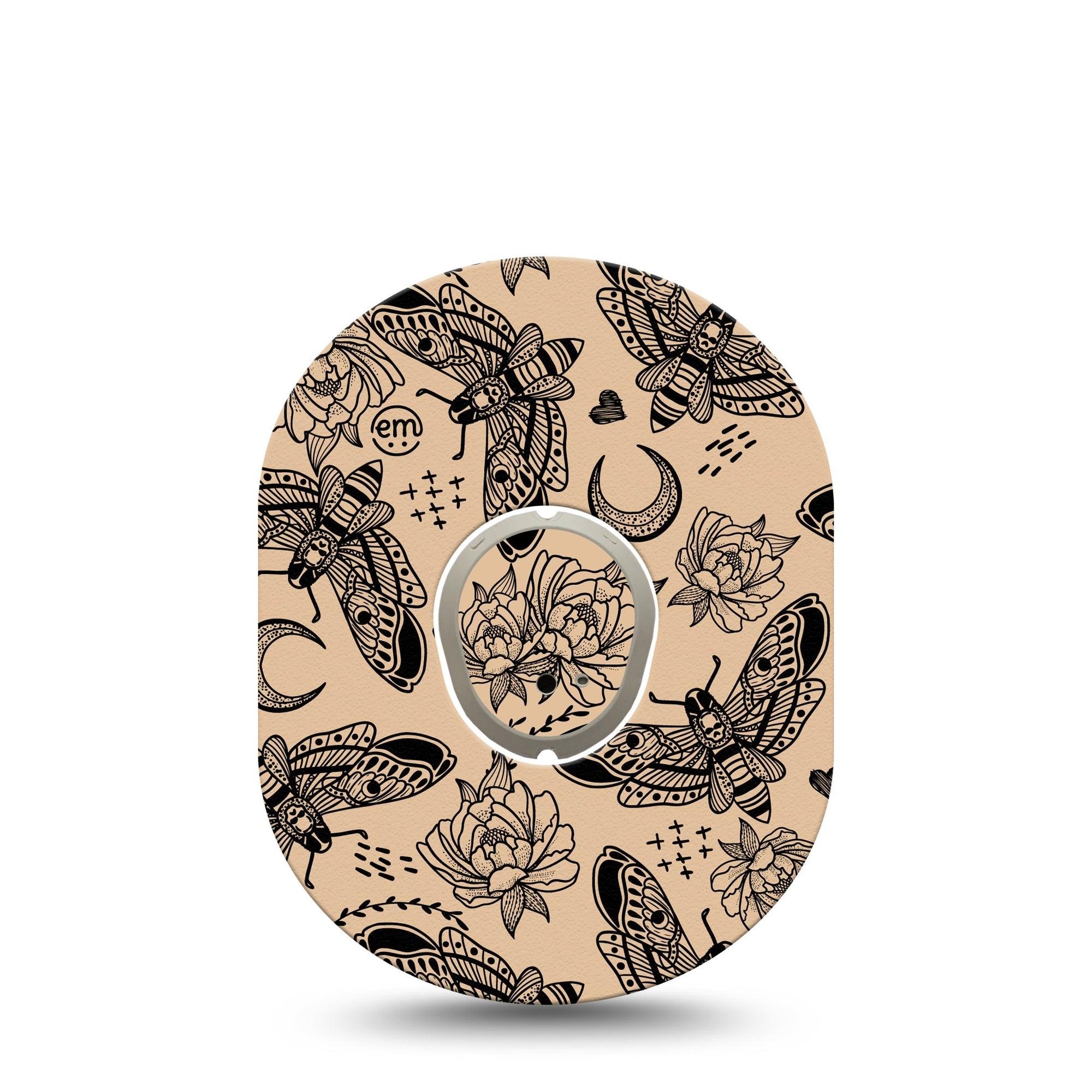 ExpressionMed Tattoo Print Dexcom G7 Sticker and Tape, Dexcom Stelo Glucose Biosensor System,  Mystical Moth Pattern, Vinyl Sticker and Tape Pairing Continuous Glucose Monitor Design