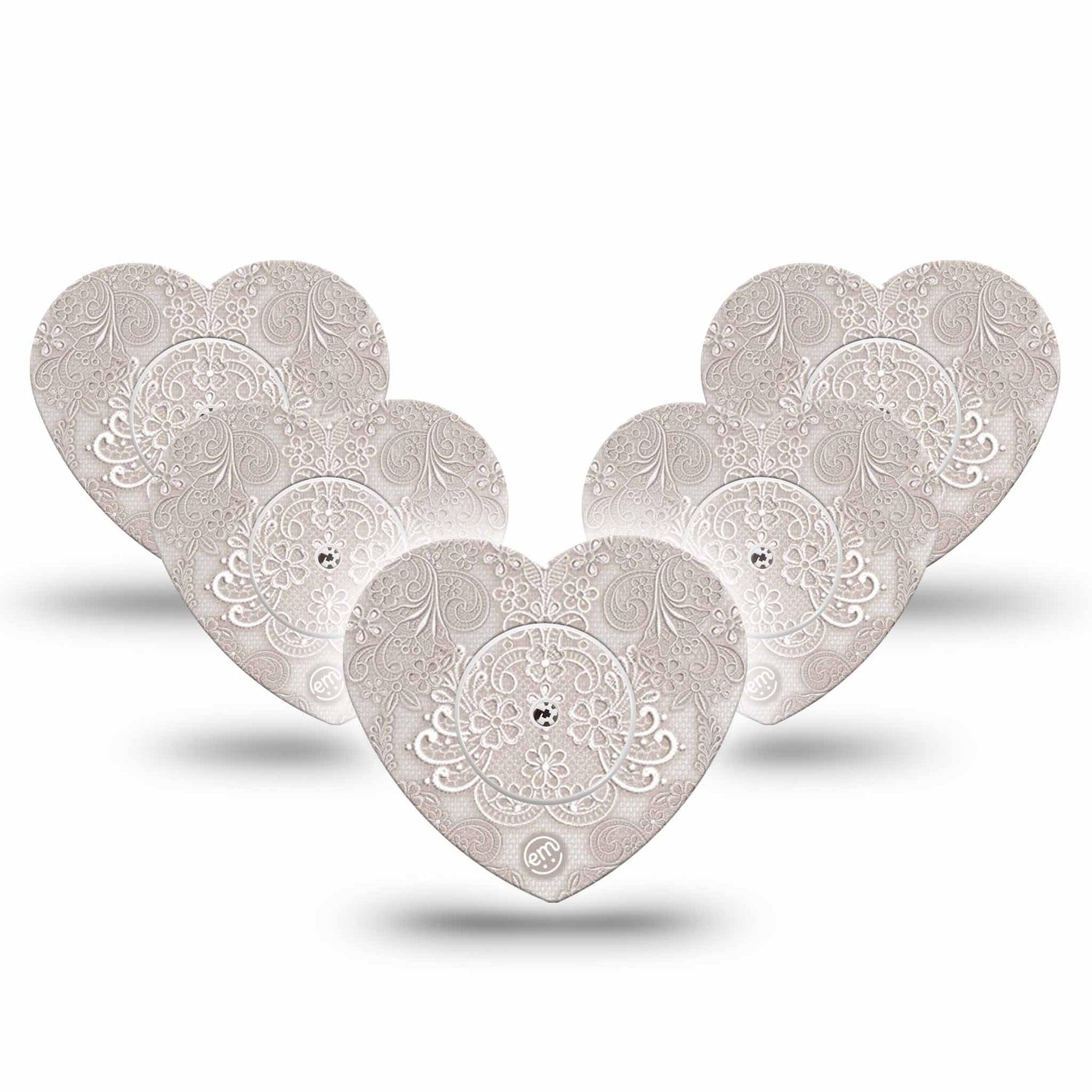 ExpressionMed Vintage Lace Freestyle Libre 2 and Libre 2 Plus Heart Shape Tape, Abbott Lingo, 5-Pack Tape and 5-Pack Sticker Soft Patterns, Adhesive Patch CGM Design