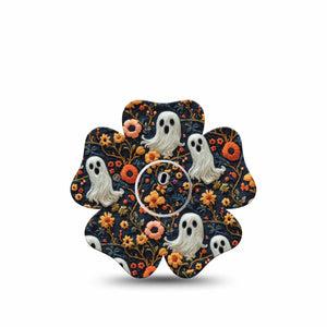 ExpressionMed Embroidered Ghost Freestyle Libre 3 and Libre 3 Plus Flower Shape Tape, Single Tape and Single Sticker Ghost Halloween Stitch Inspired, Overlay Tape CGM Design