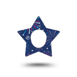 ExpressionMed Night Sky Celebration Dexcom G7, Dexcom Stelo Glucose Biosensor System, Star Shape Tape Single Sparkling Fireworks over Blue Backdrop Overlay Patch CGM Design