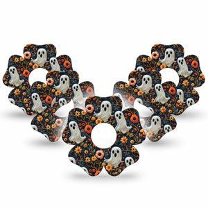 ExpressionMed Embroidered Ghost Freestyle Libre 3 and Libre 3 Plus Flower Shape Tape 5-Pack Tape Cute Spooky Embroidery, Plaster CGM Design