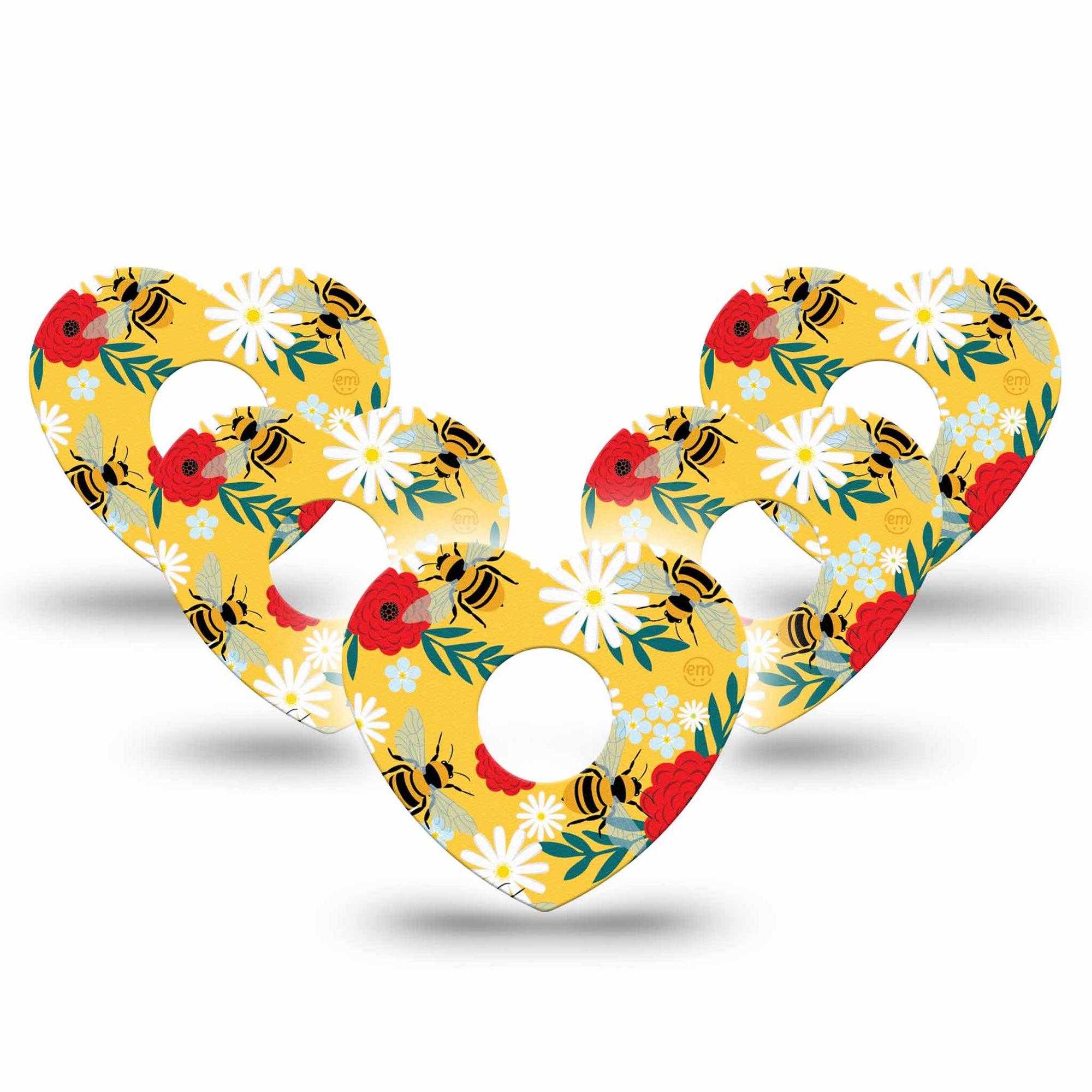 ExpressionMed Bees and Flowers Freestyle Libre 3 and Libre 3 Plus Heart Shape Tape 5-Pack Tape Vibrant Garden Overlay Tape CGM Design
