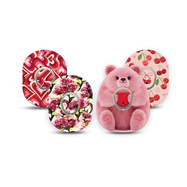 ExpressionMed Bear Hugs Dexcom G7 and Dexcom Stelo Glucose Biosensor System Mini, 4-Pack Tape and 4-Pack Sticker, Cute hearts and florals Adhesive Tape for CGM