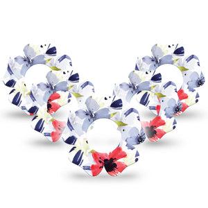 ExpressionMed Red White & Blue Flowers Freestyle Libre 2 Flower Shape Tape, Abbott Lingo,  5-Pack July Bouquets Fixing Ring Tape CGM Design