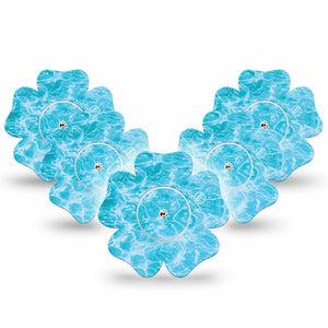 ExpressionMed Sunlit Water Freestyle Libre, Libre 2 Plus, and Abbott Lingo Flower, 5-Pack Tape and 5-Pack Sticker Summer pool inspired Waterproof Plaster for Continuous Glucose Monitor