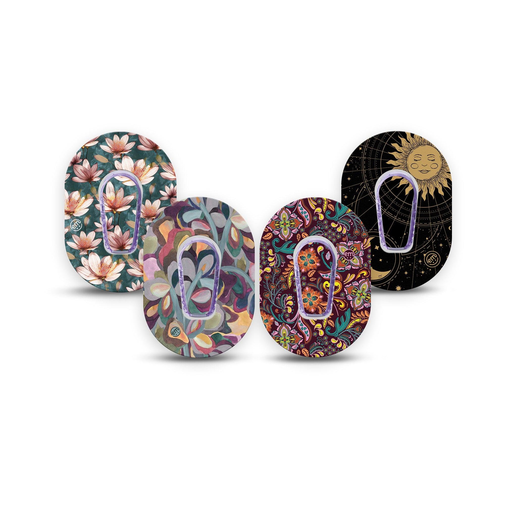 ExpressionMed Mystic Oasis Variety Pack Dexcom G6 Mini Tape 4-Pack Tape and 4-Pack Sticker Variety Dark Floral Bloom Moon, Adhesive Tape CGM Design