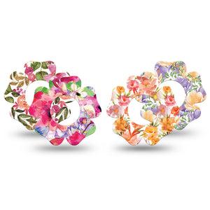 ExpressionMed Blooming Radiance Variety Pack Freestyle Libre 2 and Libre 2 Plus Flower Shape Tape, Abbott Lingo,  4-Pack Tape Variety Summer Sunset Toned Florals, Orange Pink Flowers, Gossamer Flower Mix, Sunset Tone Florals, Summer Florals, Sheer Inspired Petals, Summer Sunset Toned Florals, Delicate Orange Pink Petals, Fixing Ring Tape CGM Design