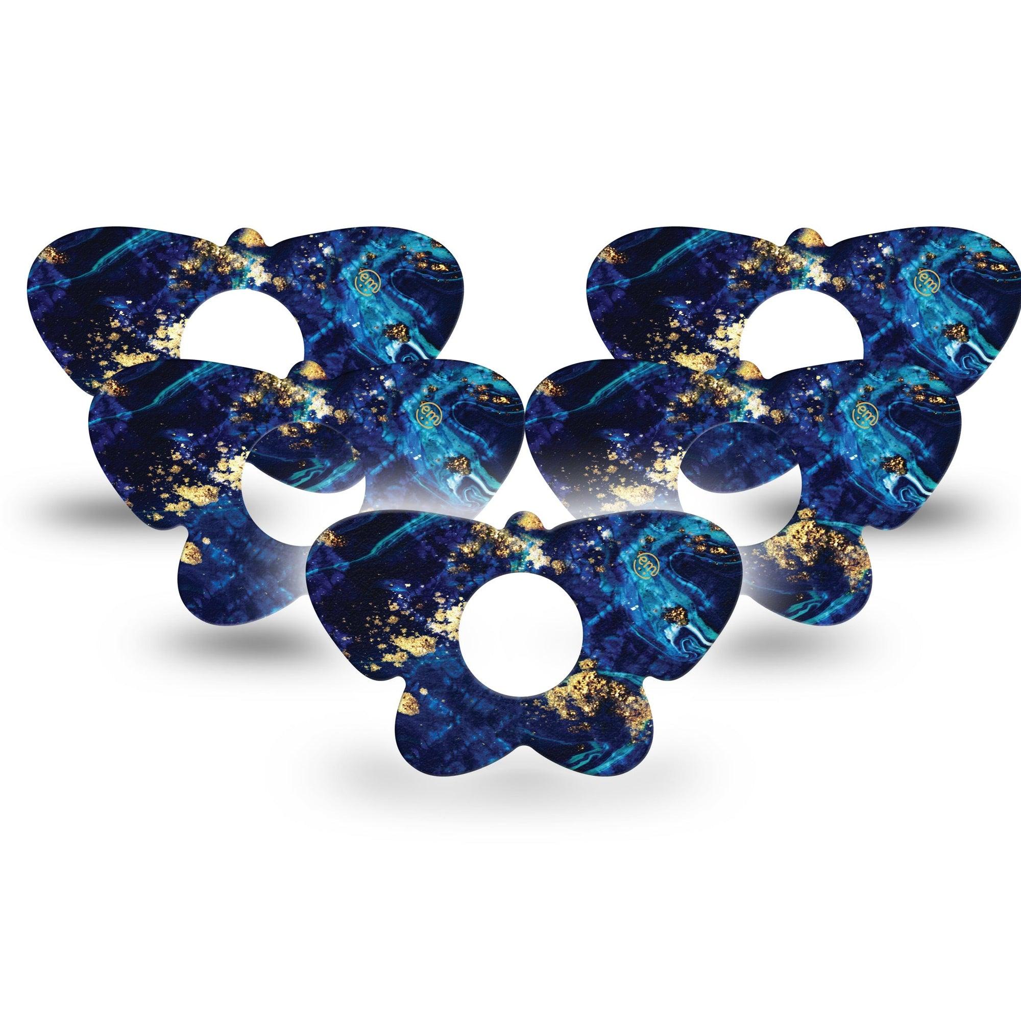 ExpressionMed Molten Midnight Infusion Set Butterfly Shape Tape 10-Pack Tape Shades Of Blue Gold Foil Pattern, Plaster Continuous Glucose Monitor Design