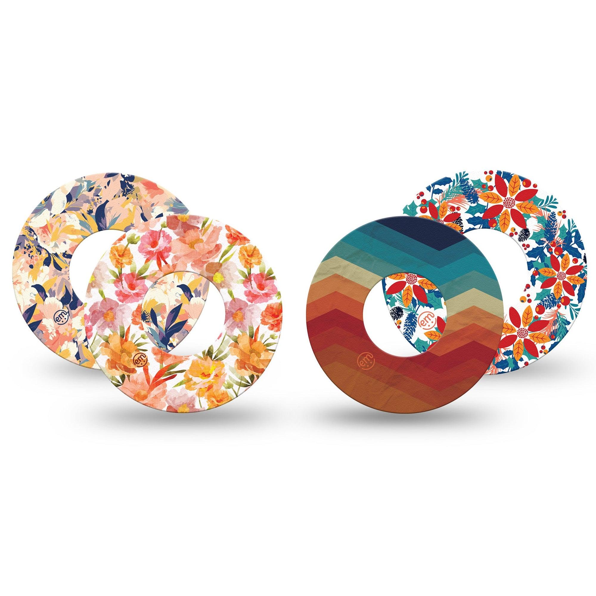 ExpressionMed Jewel Tone Glow Variety Pack Freestyle Libre and Libre 2 Plus Tape, Abbott Lingo, 4-Pack Tape Variety Winter Floral Theme, Fixing Ring Tape Continuous Glucose Monitor Design