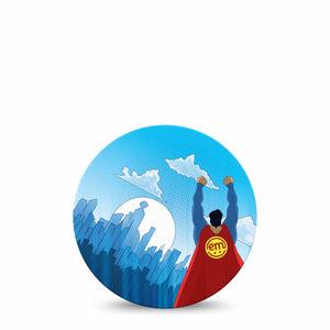 ExpressionMed Super Man Freestyle Libre and Libre 2 Plus Overpatch, Abbott Lingo, Single Tape Up, Up And Away Hero, Fixing Ring Patch CGM Design