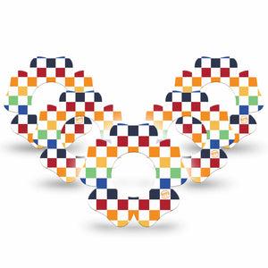 ExpressionMed Rainbow Checkerboard Freestyle Libre 2 and Libre 2 Plus Flower Shape Tape, Abbott Lingo,  5-Pack Tape Grid Checkered Rainbow, Fixing Ring Tape CGM Design