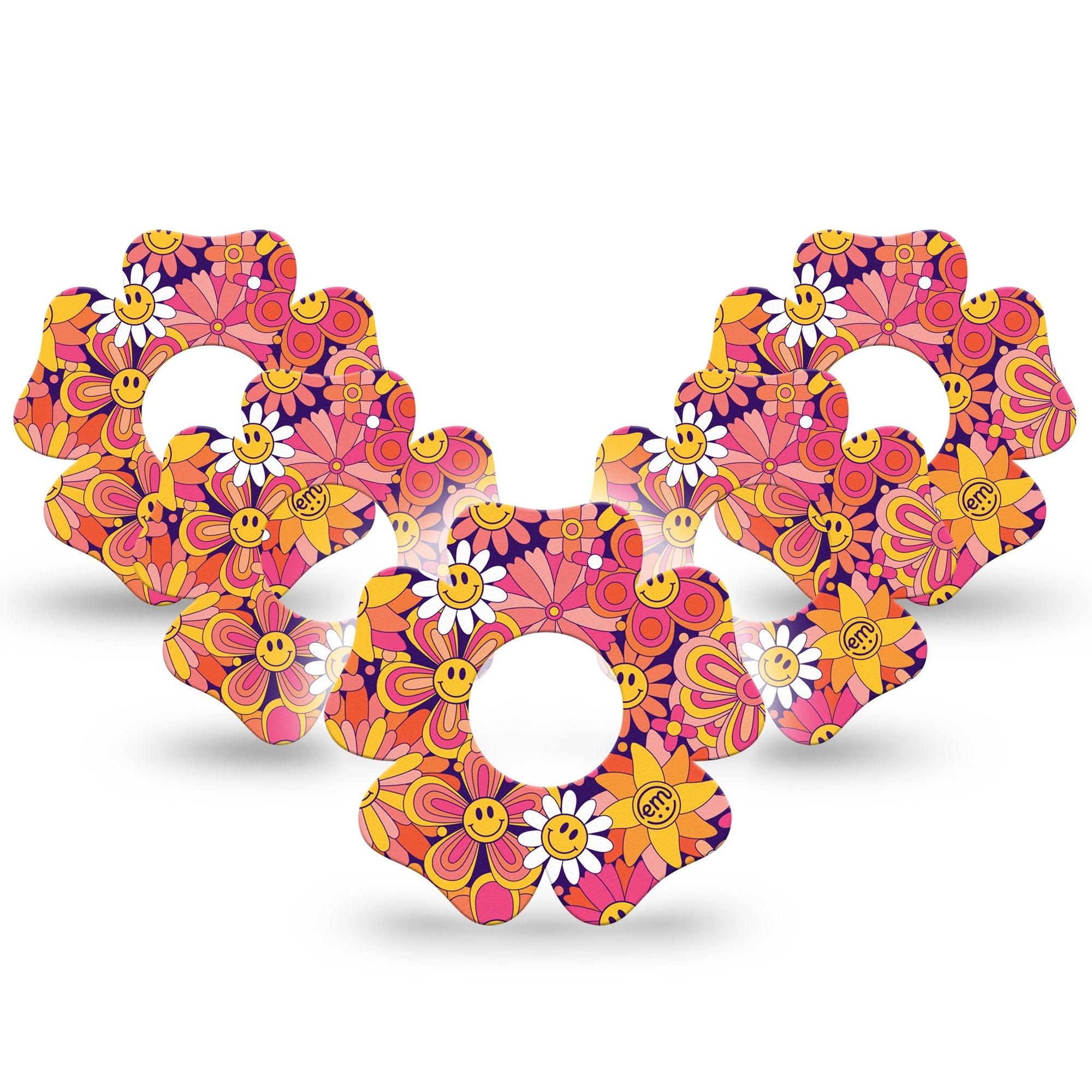 ExpressionMed Groovy Infusion Set Flower Shape Tape 10-Pack orange and pink smiley faces Overlay Tape Continuous Glucose Monitor Design