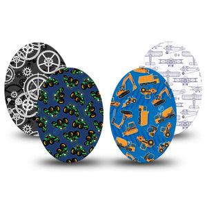 ExpressionMed Mighty Machines Variety Pack Medtronic Guardian Enlite Universal Oval, 4-Pack Tape Variety Construction Site Inspired, Plaster CGM Design